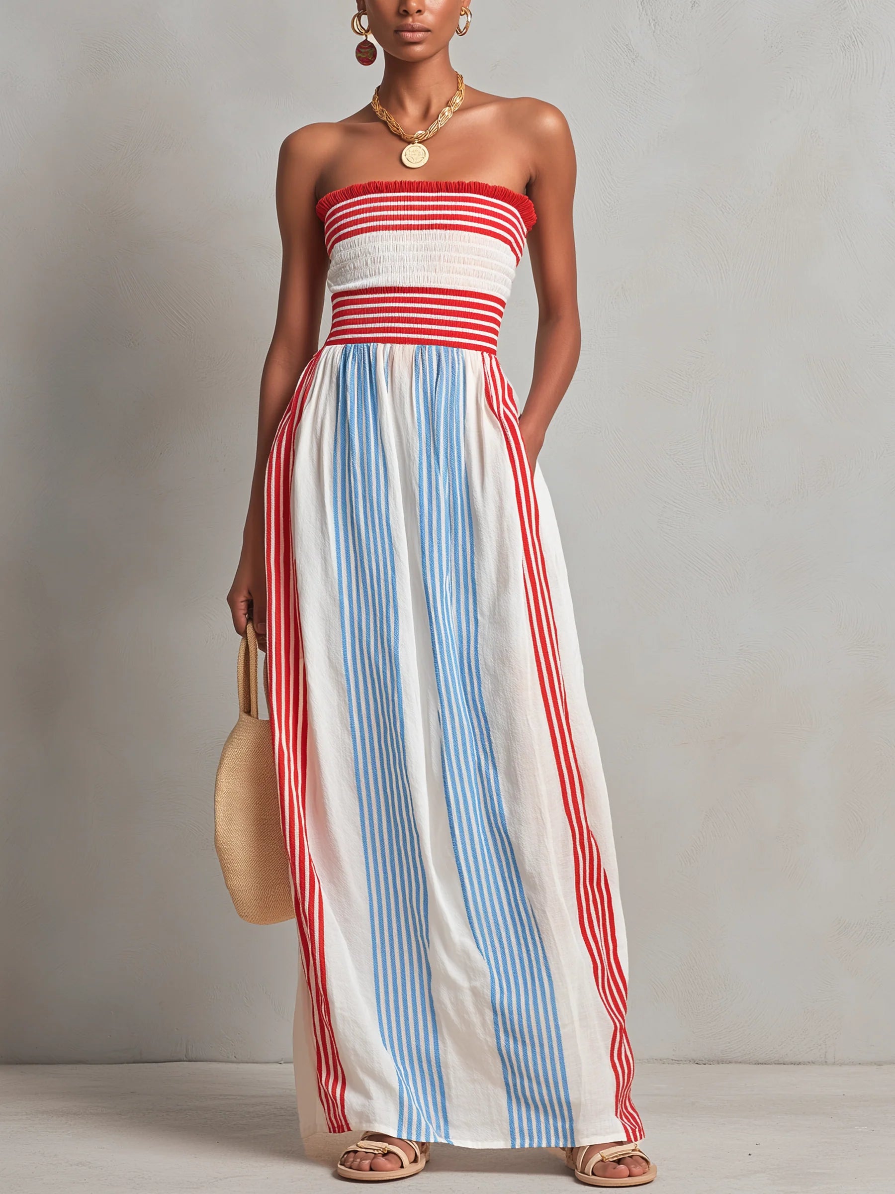 Striped Smocked Strapless Maxi Dress