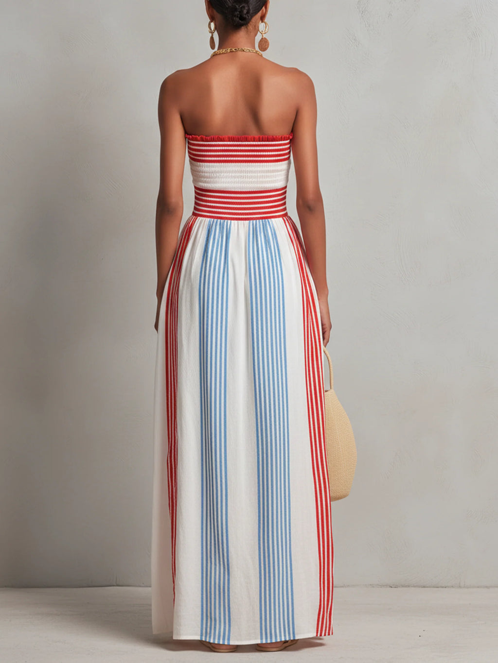 Striped Smocked Strapless Maxi Dress