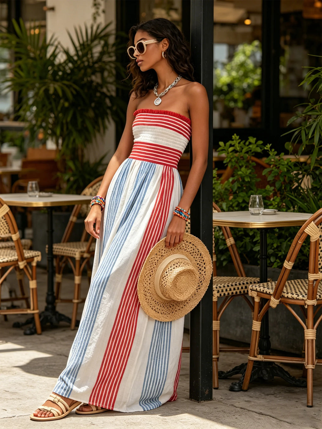 Striped Smocked Strapless Maxi Dress