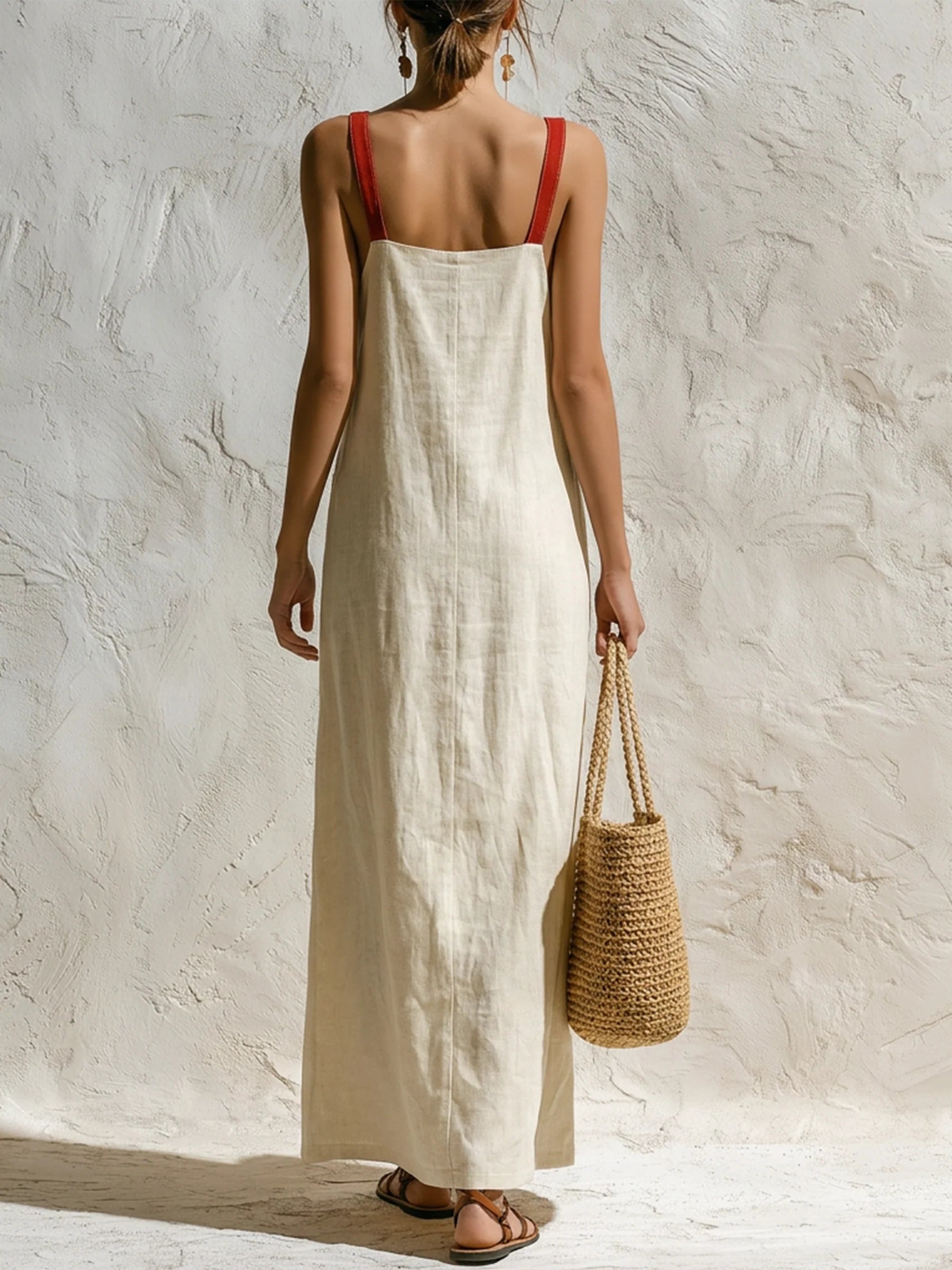 Vertical Stripe Sleeveless Linen-Blend Maxi Dress