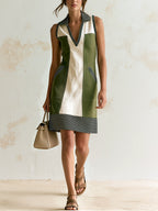 Color Block Sleeveless Collared Linen Mini Shirt Dress With Stripe Trim