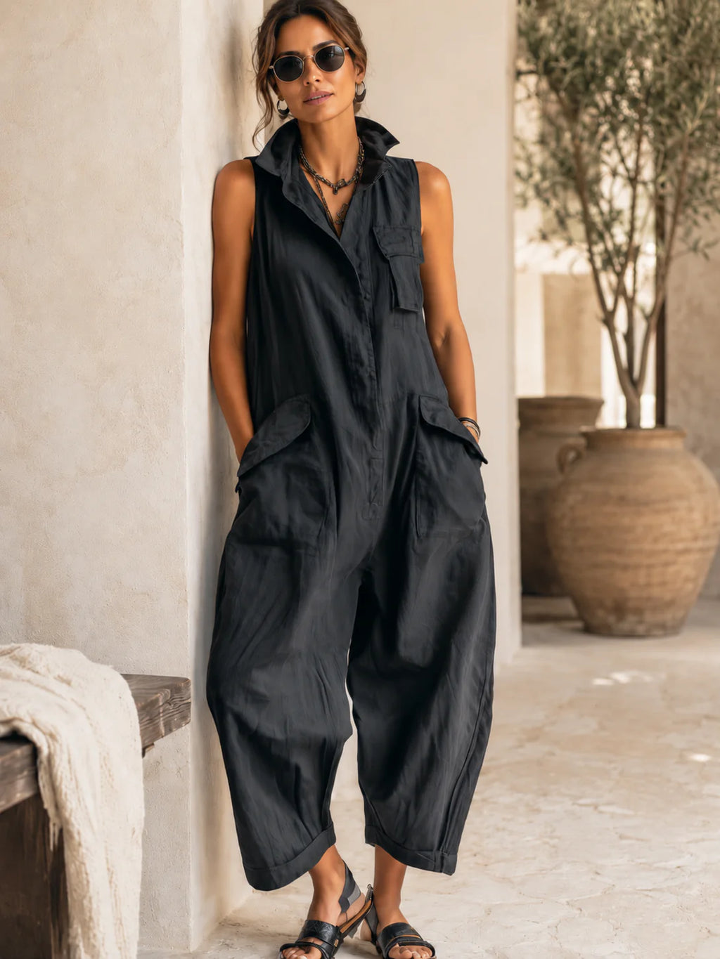 Sleeveless Utility Wide-Leg Jumpsuit