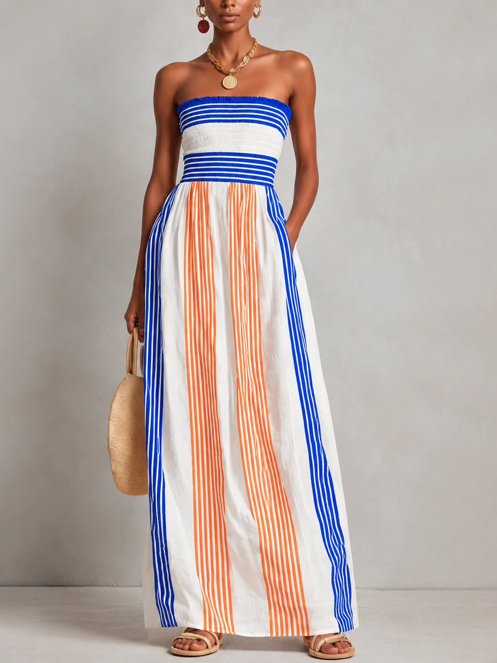 Striped Smocked Strapless Maxi Dress