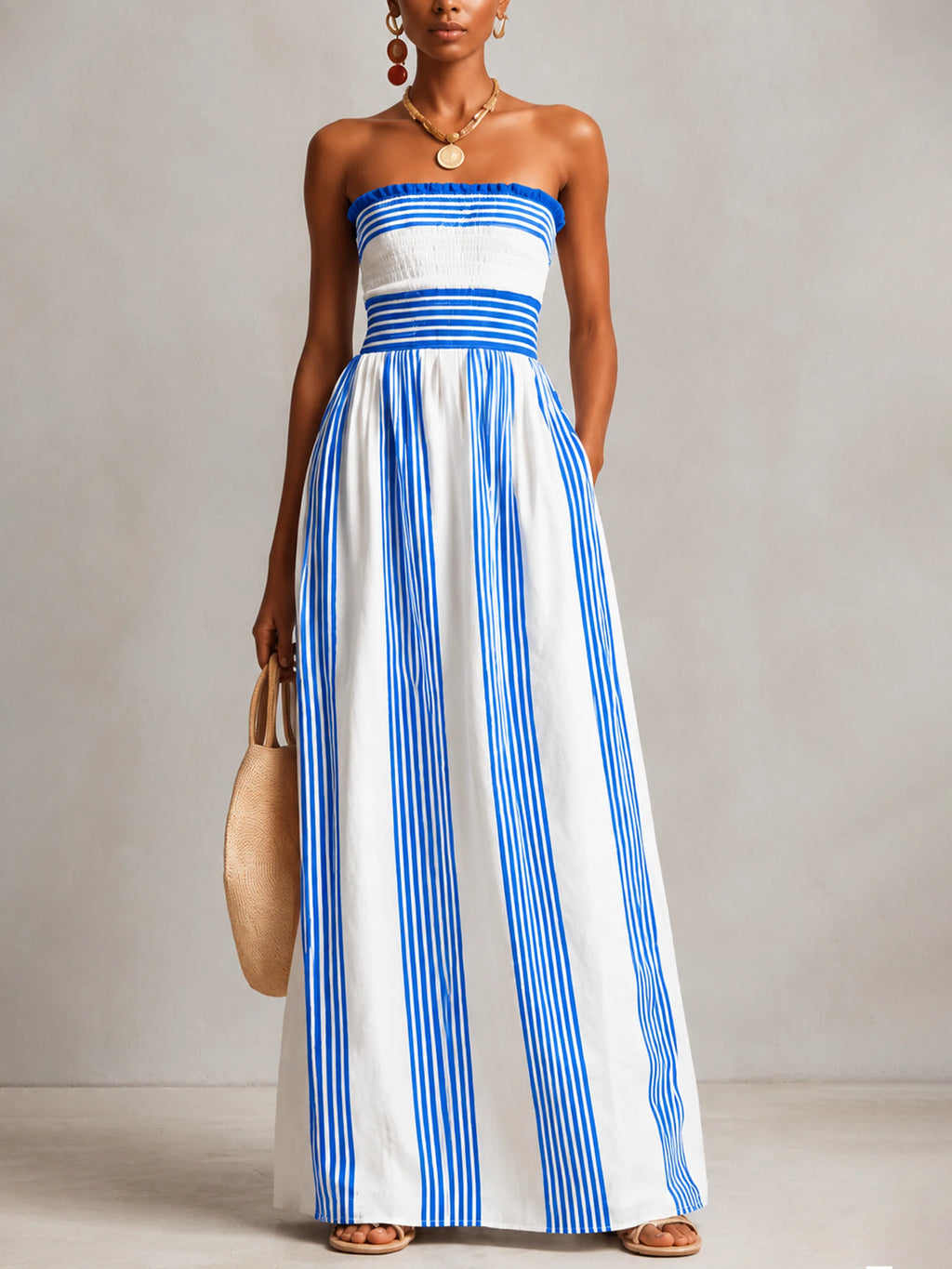 Striped Smocked Strapless Maxi Dress